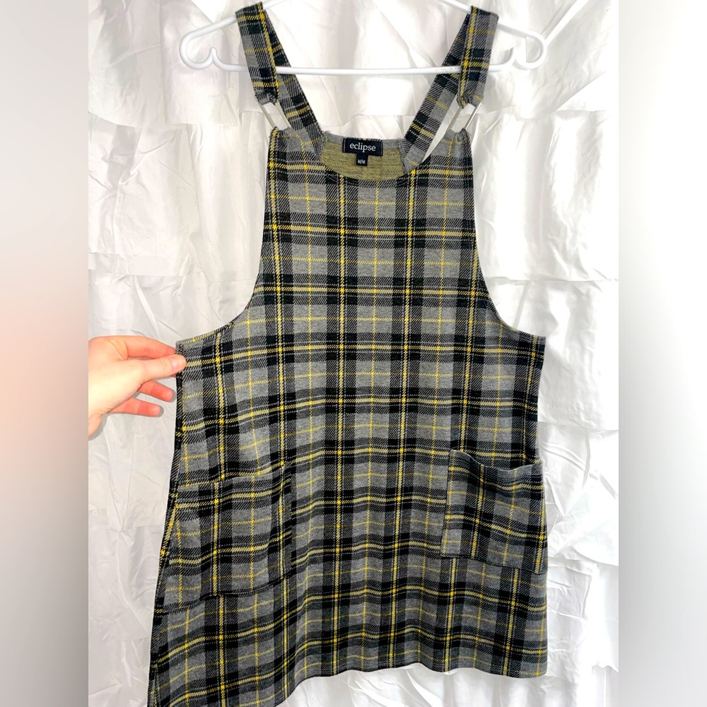 Grey Plaid Overall Style Mini Dress, Brand: Eclipse, Size: Medium